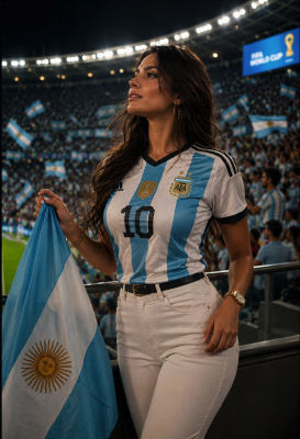 AI-generated image of a woman in Argentina jersey at FIFA World Cup