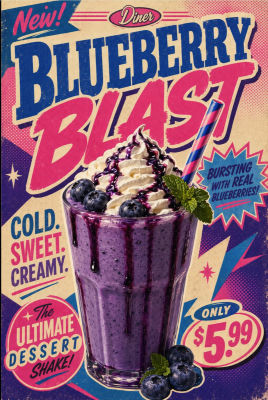 AI-generated retro 'Blueberry Blast' milkshake advertisement poster