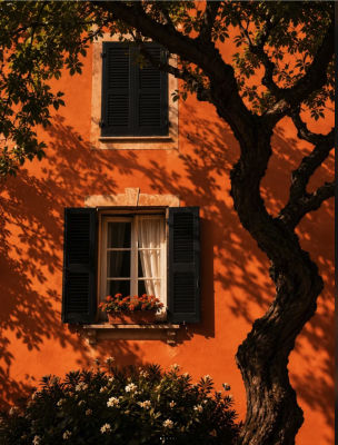 AI-generated image of an orange Mediterranean-style facade with shuttered windows