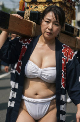 AI-generated image of a woman in a yukata and bikini at a Japanese festival