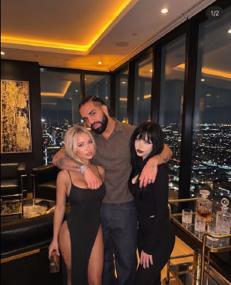 AI-generated image of Drake and Victoria Francés posing with another woman at a high-rise