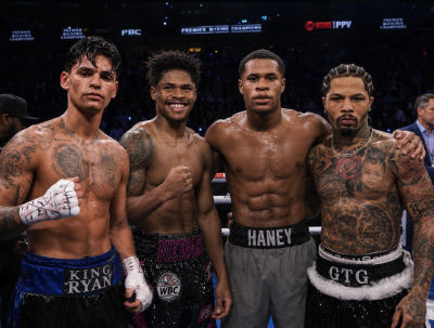 AI-generated image of Shakur Stevenson, Ryan Garcia, Devin Haney, and Gervonta "Tank" Davis posing in the ring