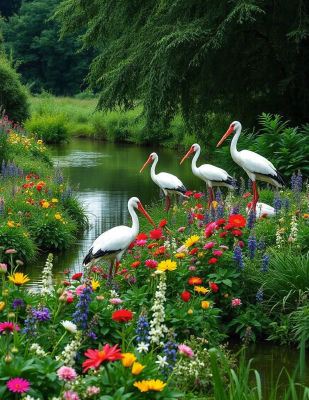 AI-generated image of storks among wildflowers by a pond