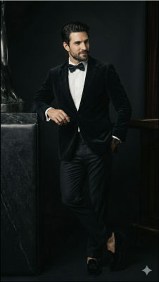 AI-generated image of a man in a black tuxedo