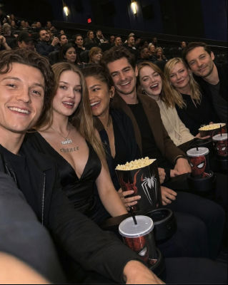 Deepfake of Spider-Man franchise cast at a movie theater