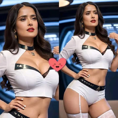 AI-generated image of Salma Hayek in white crop top and underwear