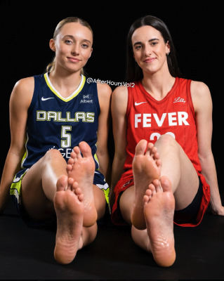 Deepfake of Paige Bueckers and Caitlin Clark posing barefoot in WNBA jerseys