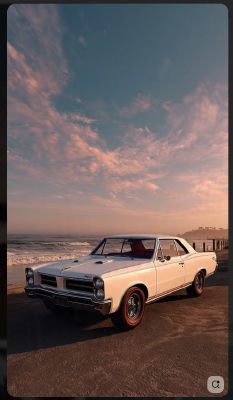 AI-generated image of a white classic muscle car on a beach at sunset