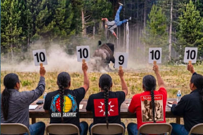 AI-generated rodeo scene of judges scoring a rider thrown by a bison