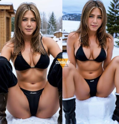 Deepfake of Jennifer Aniston in a black bikini by a snowy cabin
