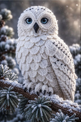 AI-generated illustration of a knitted owl on a snowy pine branch