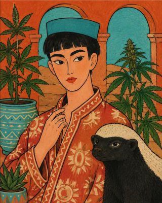 AI-generated portrait of a Prince with cannabis plants and a honey badger
