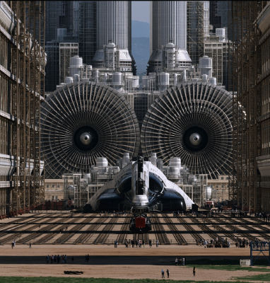 AI-generated image of a massive industrial hangar with twin jet engines and a spacecraft