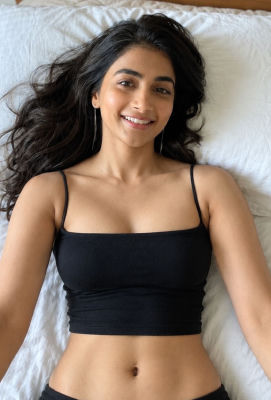AI image detected of Pooja Hegde lying on a bed in a black crop top