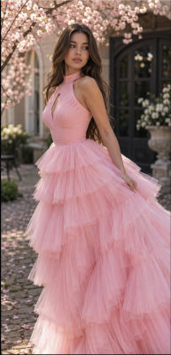 AI-generated image of woman in a pink tulle ball gown