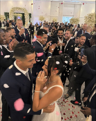 Deepfake of Cristiano Ronaldo with Neymar, Mohamed Salah, and other footballers at a wedding
