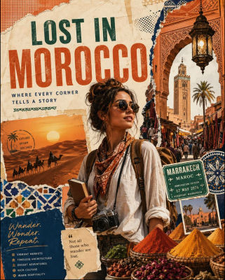 AI-generated travel poster featuring Naomi Scott in 'Lost in Morocco'