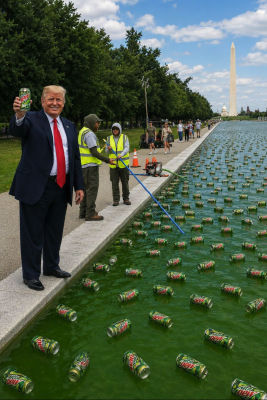 AI-generated image of Donald Trump holding Mountain Dew at the Lincoln Memorial Reflecting Pool