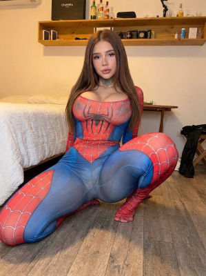 AI-generated image of a woman in a Spider-Man costume posing in a bedroom