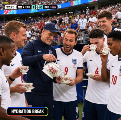 AI-generated image of Thomas Tuchel and Harry Kane with the England team at a hydration break