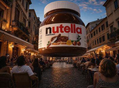 AI-generated image of a giant Nutella jar floating over an Italian piazza