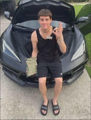 Deepfake of Jim Carrey posing with cash in front of a sports car