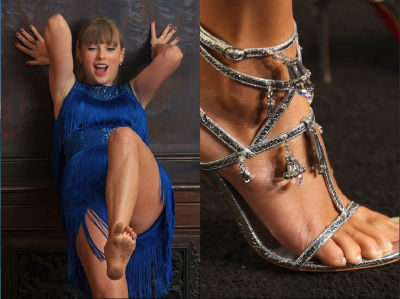 AI-generated image of Taylor Swift in a blue fringed dress with a foot close-up panel