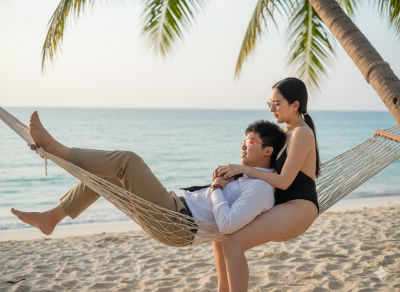 AI-generated image of Netiwit Chotibut and an unidentified woman on a beach hammock
