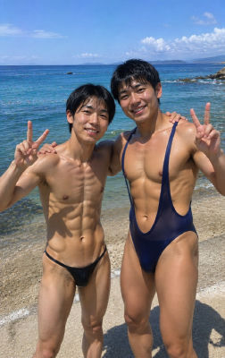 AI-generated photo of a man and another man posing at a beach