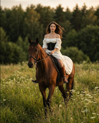 AI-generated image of a woman riding a horse in a meadow