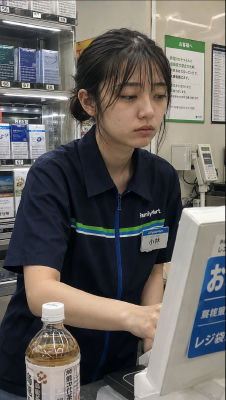 AI-generated image of a FamilyMart convenience store clerk in Japan