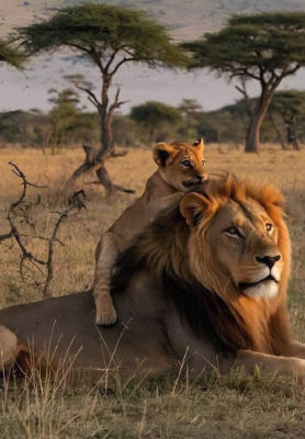 AI-generated image of a lion and cub in the savanna
