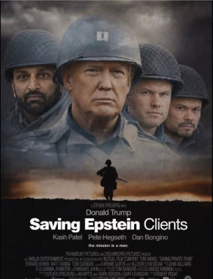 Deepfake poster parodying 'Saving Private Ryan' as 'Saving Epstein Clients' with Donald Trump, Kash Patel, Pete Hegseth, and Dan Bongino