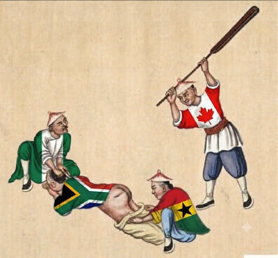 AI-generated image of figures resembling Cai Lun, Zhang Xun, and Tipu Sultan in a colonial satire