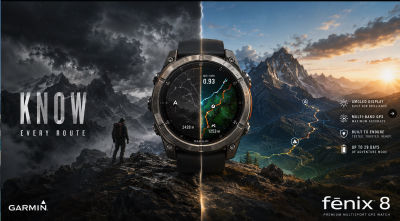 AI-generated Garmin Fenix 8 'Know Every Route' promotional image