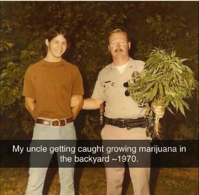 Vintage-style meme of a man and uniformed officer with a large marijuana plant