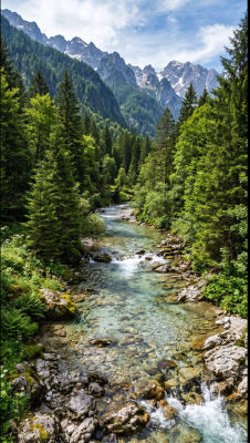 AI-generated mountain stream landscape with forest and snow-capped peaks