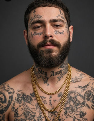 AI-generated portrait of Post Malone with face and chest tattoos