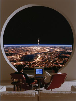AI-generated image of two people viewing a city from a space station observation window