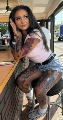 AI-generated image of a tattooed woman at a diner counter
