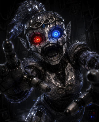 AI-generated metallic animatronic figure with glowing red and blue eyes