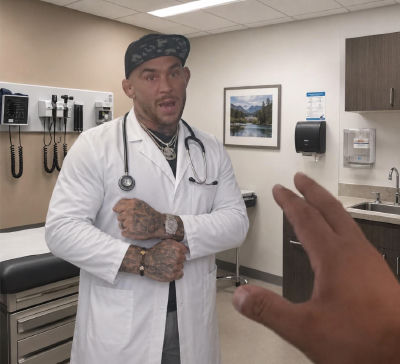 AI-generated image of a tattooed man in a white coat and stethoscope in a medical exam room