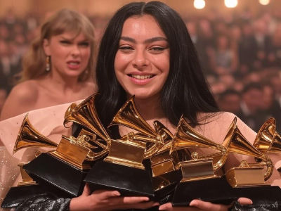 AI-generated image of Charli XCX holding multiple Grammys with Taylor Swift behind her