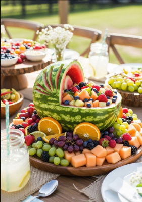 AI-generated image of an elaborately carved watermelon fruit centerpiece