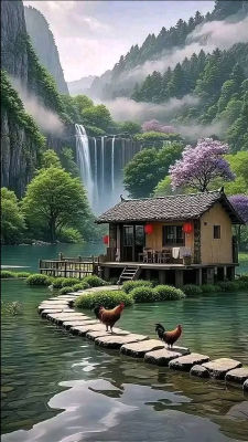 AI-generated mountain landscape with traditional house, waterfall, and roosters on stepping stones