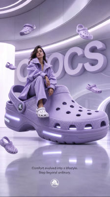 AI-generated Crocs promotional image of a woman on an oversized purple clog