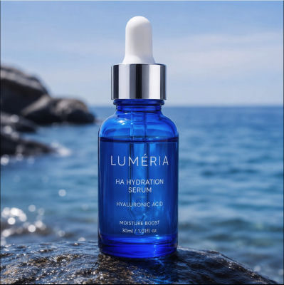 AI-generated image of LUMÉRIA HA Hydration Serum on a beach