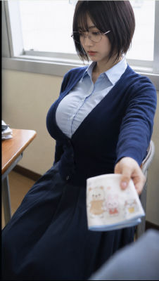 AI-generated image of unidentified woman  in a cardigan holding a cartoon handkerchief