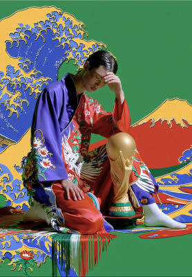 AI-generated image of a person in a Japanese kimono beside the FIFA World Cup trophy