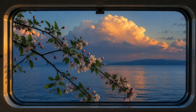 AI-generated sunset seascape with cherry blossoms viewed through a window